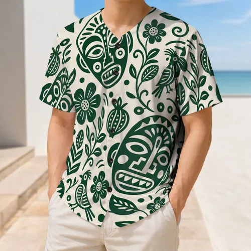 Green Folk Art Masks And Botanical Motifs For Game Day And Casual Streetwear Style Baseball Jersey
