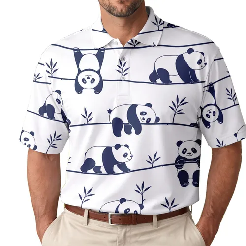Playful Navy Panda Bamboo Motifs For Beach Travel Casual Summer Daily Relaxed Wear Men's Polo Shirt