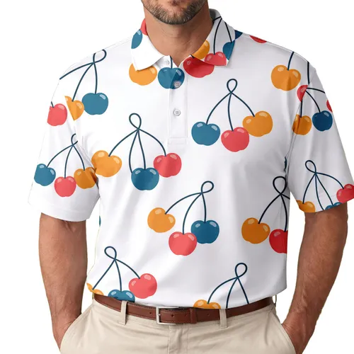 Colorful Cherry Trio Motifs For Summer Golf Tennis Resort And Casual Wear For Men Men's Polo Shirt