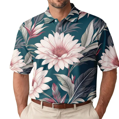 Teal Tropical Daisy Floral Resort Style For Summer Beach Vacation Weekend Wear Men Men's Polo Shirt