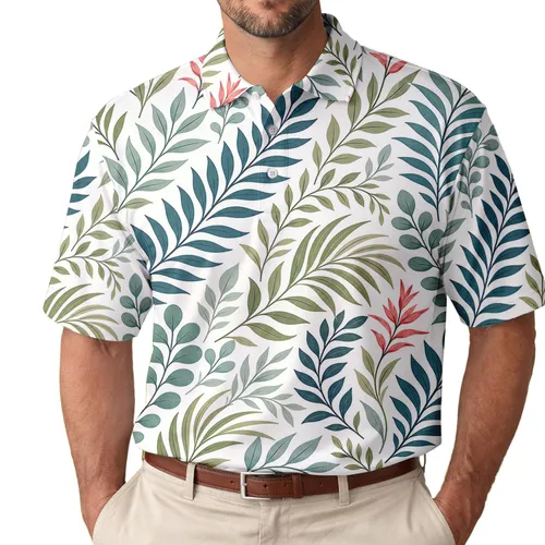 Tropical Green Leaves And Coral Pink Florals For Casual Summer Beach Golf Resort Wear Men's Polo Shirt