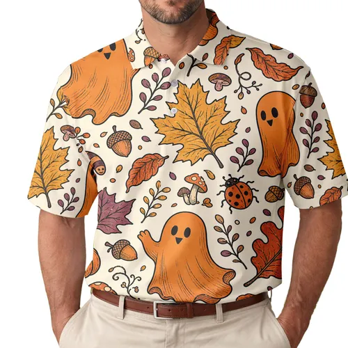 Friendly Ghosts, Pumpkins And Autumn Leaves For Halloween Parties And Fall Outings Men's Polo Shirt
