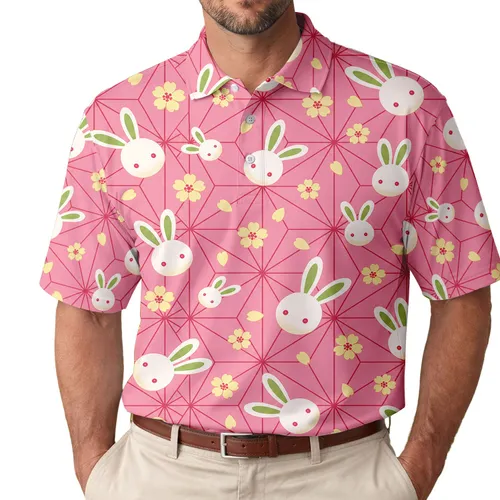 Pink Rabbit Cherry Blossom Geometric Lattice For Spring Golf Beach Party Outfits Men's Polo Shirt