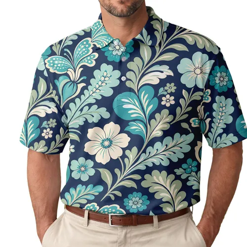 Navy Tropical Floral Resort Style For Golf, Beach Trips And Casual Summer Party Wear Men's Polo Shirt