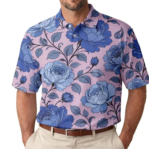 Blue Rose Floral Garden Style For Summer Vacation Beach Parties And Casual Weekend Wear Men's Polo Shirt