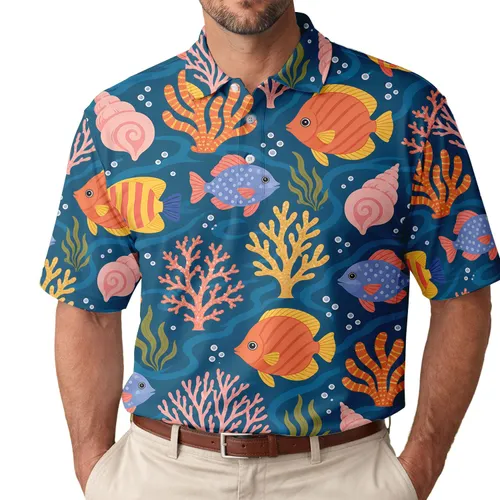 Colorful Tropical Fish Coral Seashell Ocean Motifs for Beach Vacation Resort Wear Men Men's Polo Shirt