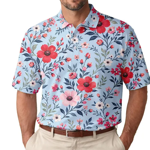 Crimson Wildflower Garden Motif For Summer Golf Vacation And Casual Resort Daily Wear Men's Polo Shirt