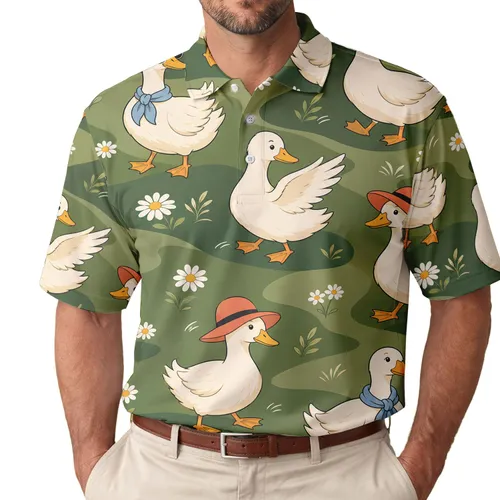 Funny Summer Ducks On Green Pond Camo For Beach Vacation And Casual Weekend Wear Men's Polo Shirt