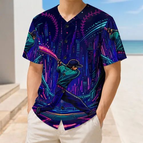 Neon Cyberpunk Batter Night City Scene For Retro Arcade Game Fans Streetwear Baseball Jersey