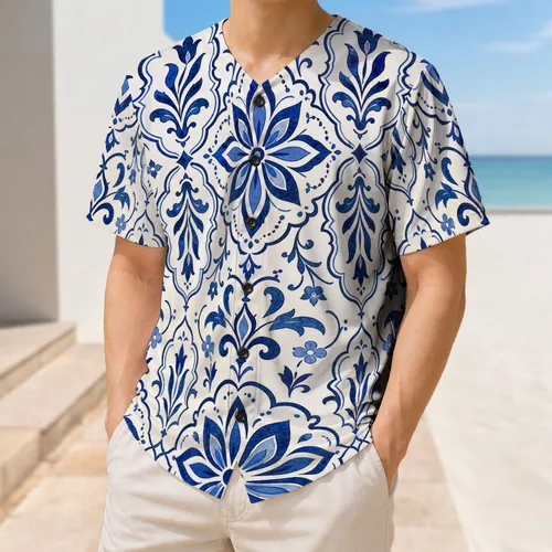 Cobalt Blue Mediterranean Floral Tile Motifs For Golf, Tennis And Resort Athletes Baseball Jersey