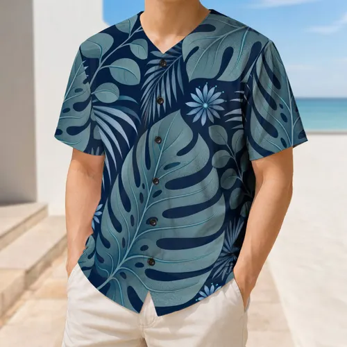 Navy Tropical Monstera Palm Foliage For Beach Vacations And Summer Casual Wear Baseball Jersey