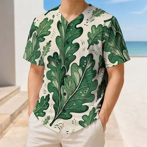 Green Oak Leaf Botanical All Over Casual Outdoor Game Day Wear For Nature Lovers Baseball Jersey