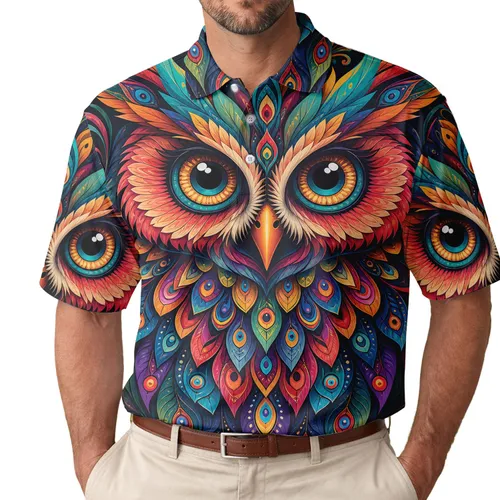 Colorful Jewel Toned Owl With Bright Eyes For Casual Nights, Festivals And Nature Lovers Men's Polo Shirt