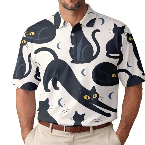 Mid-Century Black Cats With Golden Eyes For Casual Weekend Styling And Cat Lovers Men's Polo Shirt