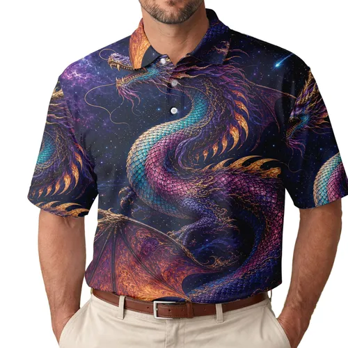 Celestial Dragon And Starry Sky Fantasy Wear For Night Festivals And Casual Menswear Men's Polo Shirt