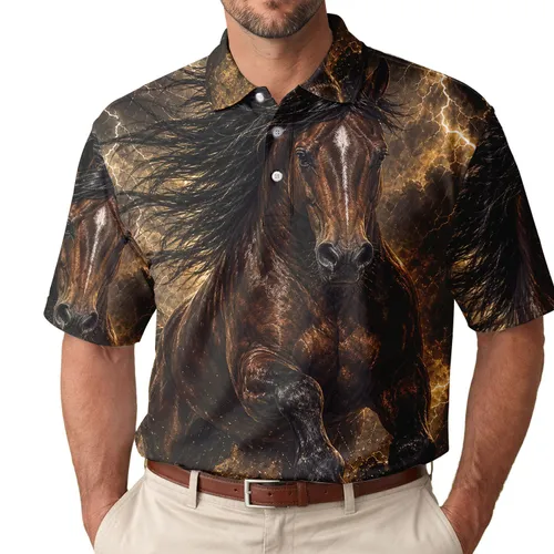 Dark Bay Stallion In Lightning Storm For Western Rodeo Events And Equestrian Lovers Men's Polo Shirt