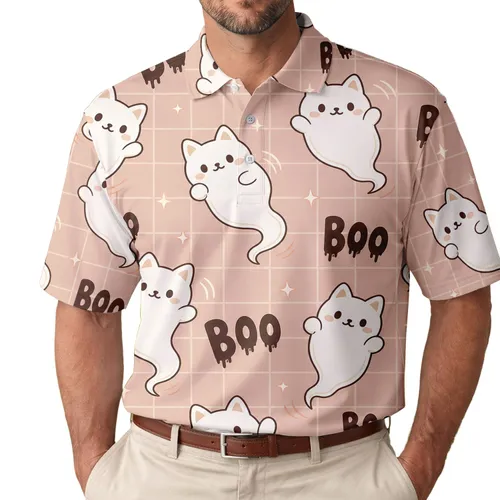 Cute Ghost Cats Boo Halloween Windowpane For Spooky Season Parties And Cat Lovers Men's Polo Shirt