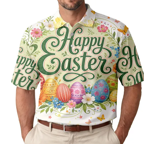 Happy Easter Eggs And Floral Wreath For Spring Celebrations And Family Holiday Gatherings Men's Polo Shirt