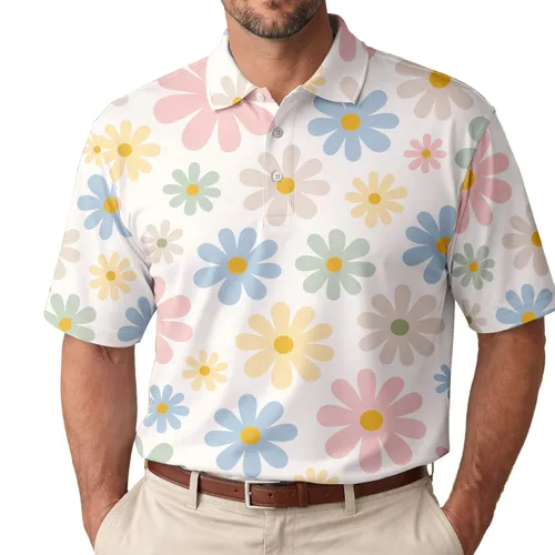 Pastel Daisy Floral Button Front Resort Casual Garden Party Gift For Stylish Men Men's Polo Shirt
