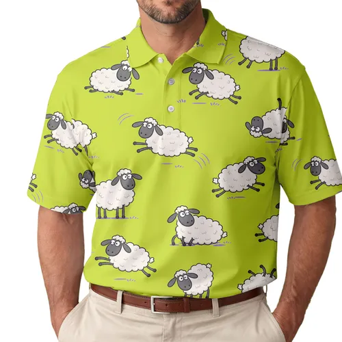 Whimsical Green Sheep For Playful Casual Weekend Wear, Travel Days And Animal Lovers Men's Polo Shirt