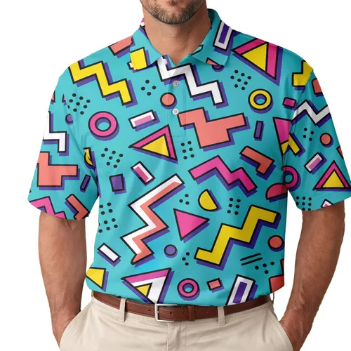 Retro 80s Memphis Geometric Turquoise All-Over Style for Beach Trips and Parties Men's Polo Shirt