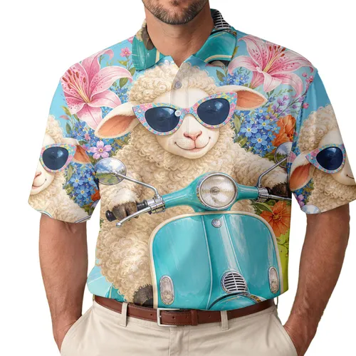 Cute Sheep On Turquoise Scooter With Floral Blooms For Beach Trips And Vacation Days Men's Polo Shirt