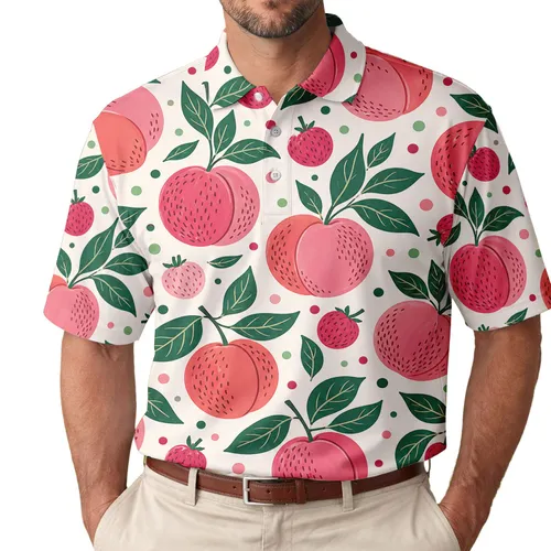 Peach And Berry Botanical Motif For Resort Wear, Garden Parties, And Summer Travel Men's Polo Shirt