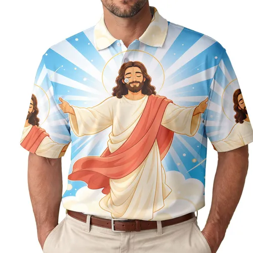 Jesus With Halo And Cloud For Church Gatherings, Faith Gifts And Casual Summer Wear Men's Polo Shirt