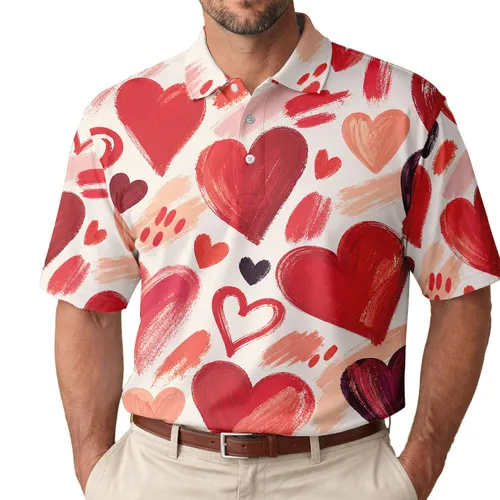Hand Painted Red Hearts for Valentines Day Date Nights and Romantic Everyday Style Men's Polo Shirt