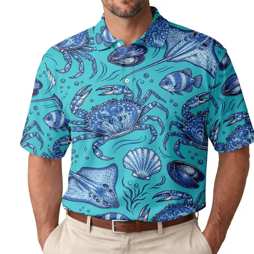 Blue Crab And Shell Nautical Coastal Style For Beach Vacations And Resort Getaways Men's Polo Shirt