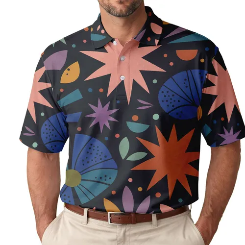 Mid Century Abstract Night Garden Starbursts For Retro Casual Summer Vacation Style Men's Polo Shirt
