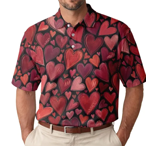 Hand Painted Red Heart Motifs for Valentine Date Night and Romantic Everyday Style Men's Polo Shirt