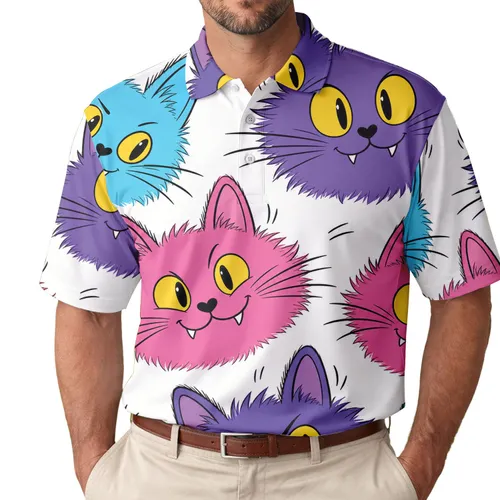 Neon Cartoon Cat Faces for Beach Vacations, Parties and Playful Everyday Outings Men's Polo Shirt