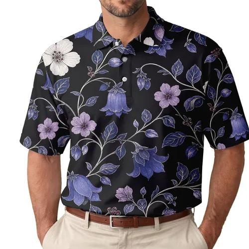 Indigo Blue Floral Vine Motif For Evening Garden Dates, Beach Trips And Resort Wear Men Men's Polo Shirt