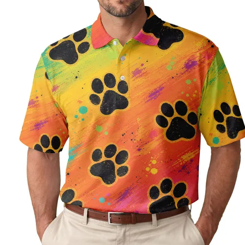 Black Paw Marks On Rainbow Sunset For Colorful Casual Outfits And Pet Lovers Everyday Men's Polo Shirt