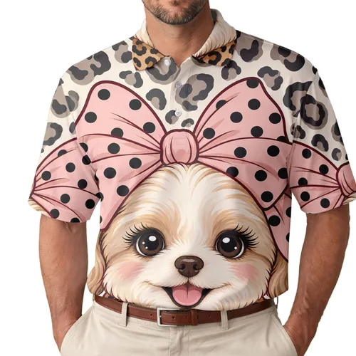 Smiling Puppy Pink Bow Leopard Spot Fashion For Casual Dates And Everyday Dog Lovers Men's Polo Shirt