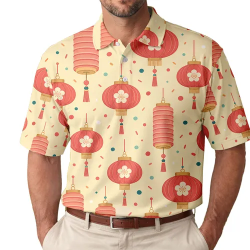 Coral Red Chinese Lanterns for Lunar New Year Parties and Festive Everyday Style Men's Polo Shirt