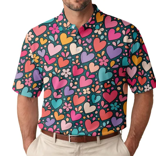 Colorful Heart Confetti Retro Doodle For Valentine’s Day Parties And Everyday Wear Men's Polo Shirt