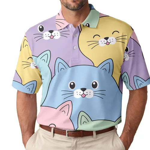 Pastel Cat Face Collage For Beach Vacations, Casual Weekends And Stylish Cat Lovers Men's Polo Shirt