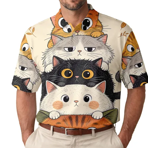 Stacked Five Cat Totem With Ginger Tabby And Black Cats For Playful Casual Outfits Men's Polo Shirt