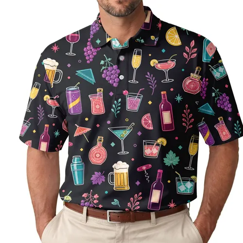 Colorful Cocktail Glasses And Bar Icons For Nightlife Parties And Evening Lounge Wear Men's Polo Shirt