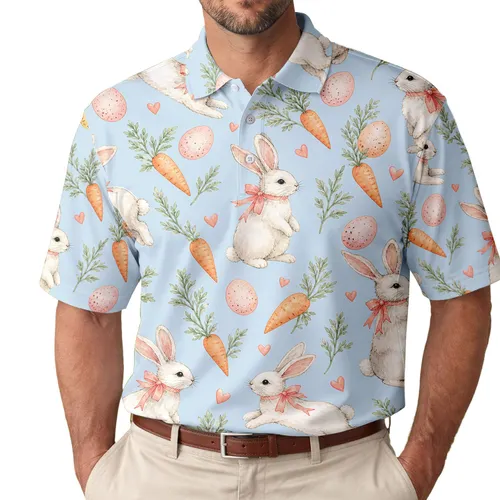 Watercolor Easter Rabbits With Carrots And Pastel Eggs For Spring Garden Celebrations Men's Polo Shirt