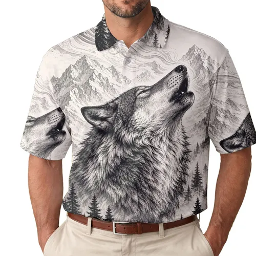 Howling Wolf Mountain Forest Outdoor Style for Hiking Camping and Nature Lovers Men's Polo Shirt