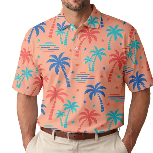 Retro Tropical Palm Trees And Ocean Waves For Beach Vacations And Resort Getaways Men's Polo Shirt