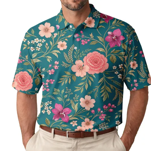 Teal Rose Floral Garden For Beach Vacations, Resort Wear And Casual Date Night Style Men's Polo Shirt