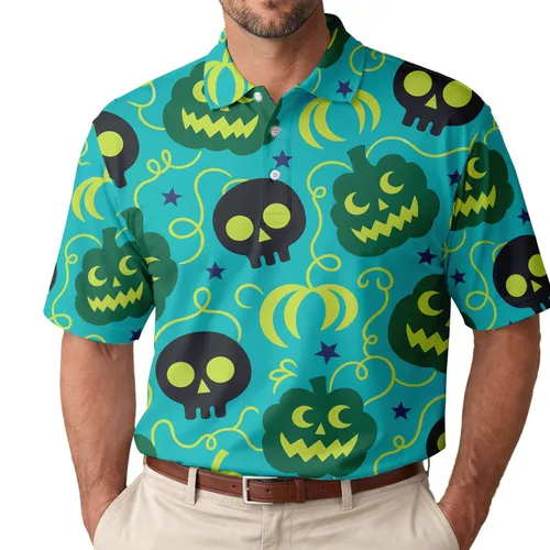 Neon Lime Skull And Jack O Lantern Halloween Party Outfit For Men And Trick Or Treat Men's Polo Shirt