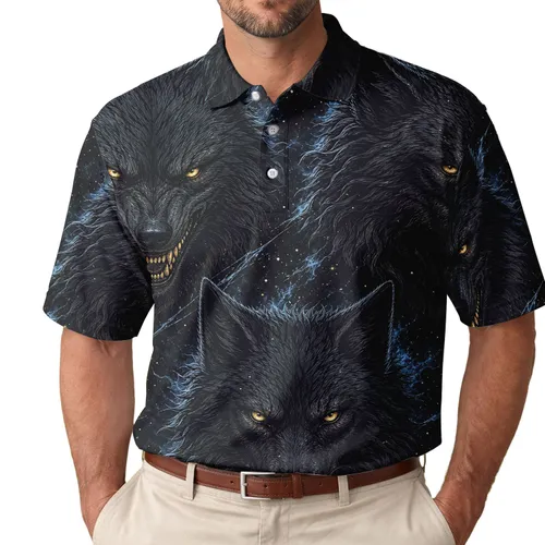 Midnight Wolf Heads With Glowing Amber Eyes For Gothic Nightwear And Fantasy Fans Men's Polo Shirt