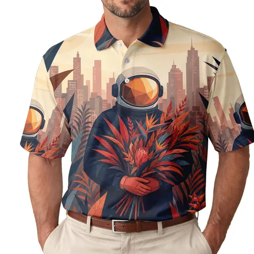 Astronaut Holding Tropical Bouquet Retro Futurist Botanical Streetwear For Men Men's Polo Shirt