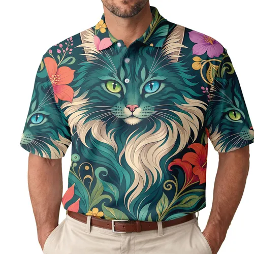 Emerald Fantasy Cat With Tropical Floral Garden For Casual Date Nights Cat Lovers Men's Polo Shirt