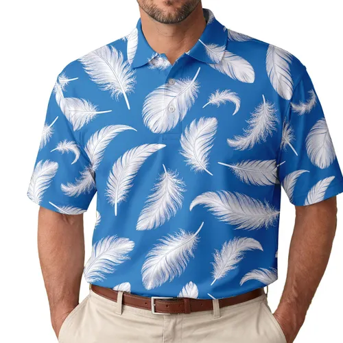 White Feather Motif On Ocean Blue For Coastal Travel And Relaxed Casual Menswear Men's Polo Shirt